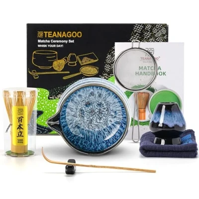 Bild av TEANAGOO set med 7 st matchande vispar, matcha för ceremoni, kit junware blå, teset att göra frukost/latte, keramisk skål (chawan) vit pip och visp, present till älskare