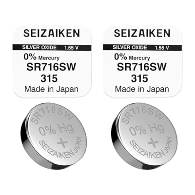 Bild av 2 stycken knappceller original sidenkrok 315, SR716SW, 1,55 V, klockbatterier batteri silveroxid, 0 % kvicksilver, 100 tillverkad i Japan