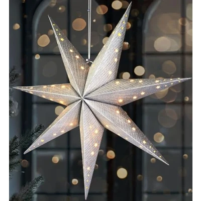 Bild av BRUBAKER LED Julstjärna att Hänga 60 cm Pappersstjärna med 7 Spetsar 3D Adventsstjärna Batteridriven, Hängande och Upplyst Fönsterdekoration Ljusstjärna Silver