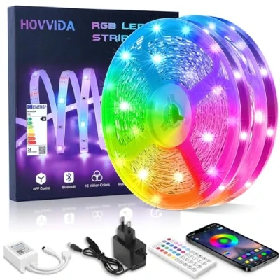Bild av HOVVIDA LED remsa 20 m, 30 lysdioder/meter, RGB 5050 remsor, 600 LED, app och fjärrkontroll, musikläge, timing läge, för rum, vardagsrum, kök, sovrum, bar, fest