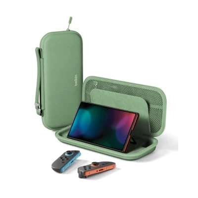 Bild av Belkin ENA002HQSE, Bärväska, Nintendo Switch 2, Grön, Polyester, Sammet, Reptålig, Stöttålig, Falltålig, Vattentät, 20,1 cm (7,9)
