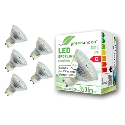 Bild av 5x greenandco® CRI 90+ 4000K 110 LED spot ersätter 41W GU10 halogenstrålkastare, 5W 430lm neutralvit 230V AC, flimmerfri, inte dimbar
