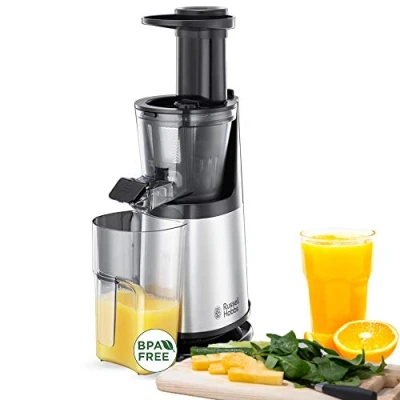 Bild av Russell Hobbs slow juicer, 2 insatser fin &amp; grov, backfunktion, juicekannan ryms inuti fruktköttsuppsamlaren för att spara utrymme, tål diskmaskin, rengöringsborste ingår,150W, 25170 56