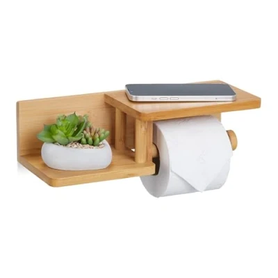 Bild av Relaxdays Toalettpappershållare med hyllor, för mobiltelefon, reservrulle, bambu, HBT: 9 x 31 12,5 cm, natur