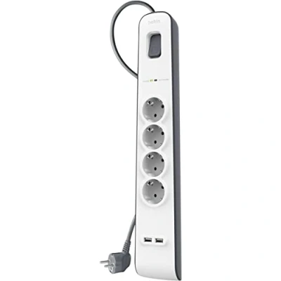 Bild av Belkin Surge Plus 4 vägs grenuttag med överspänningsskydd (inklusive 2 USB portar 2,4 A, m kabel) vit/grå