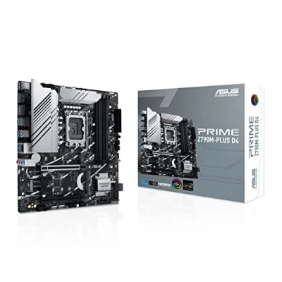 Bild av ASUS Prime Z790M PLUS D4, ett Intel Z790 LGA 1700 mATX moderkort med PCIe 5.0, tre M.2 kortplatser, 10+1 DRMOS, DDR4, 1 Gb LAN, HDMI, DP, USB 3.2 Gen 2x2 Type C, främre C