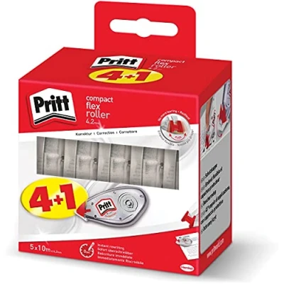 Bild av Pritt korrigeringsrulle kompakt flex, kan skrivas över direkt, enkel användning tack vare flexibel spets, bandlängd 10 m, bandbredd 4,2 mm, 5 pack ekonomiset, 2382016, vit