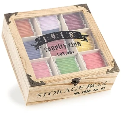 Bild av COM FOUR® Rustik förvaringsbox för tepåse telåda med 9 fack, fönster och stängning i lantlig stil shabby chic teförvaring tepåselåda (rustik 1918 fack)