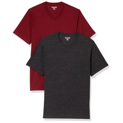 Bild av Amazon Essentials mäns Slim Fit kortärmad V ringad t shirt, paket med 2, kolljung/mörkröd, Large