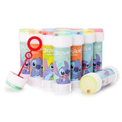 Bild av Toyland® paket med 12 bubbelbaljor trollstavar, 60 ml lösning och lock för nytt labyrint fickpengar festväska Leksaker (Stitch)
