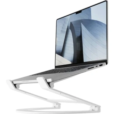 Bild av Tolv South Curve Flex Ergonomisk höjd och vinkel justerbar aluminium laptop/MacBook stativ/höjare, passar 25 cm 43 cm, fälls platt för bärbarhet resefodral ingår, matt vit