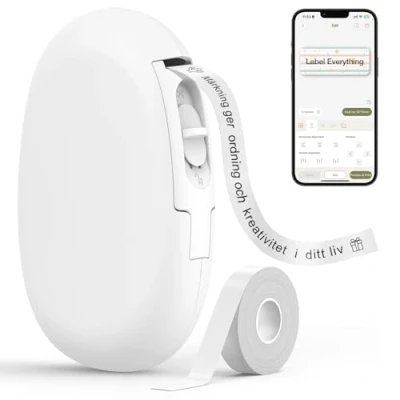 Bild av SUPVAN E10 självhäftande Bluetooth termisk etikettskrivare med 1 etikettrulle, smart app 30+ teckensnitt, 140+ mallar och 1000+ ikoner för hem, skola, kontor, vit
