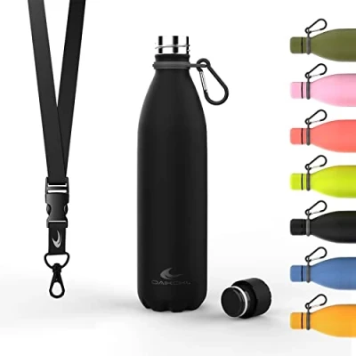 Bild av Daikoku Stainless Steel Bottle + Justerbar rem karbinhake, BPA Free Double Walled Thermos, återanvändbar vattenflaska, lufttät lock, färg svart, kapacitet 750 ML