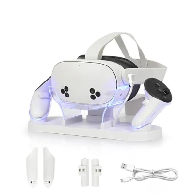 Bild av Laddningsdocka för Meta Quest 3S/Quest 3, VR laddningsstationsställ kompatibel med Quest3S/Quest3 LED/RGB ljus, laddningsstation 3S/Quest3 headset och handkontroll (vit)