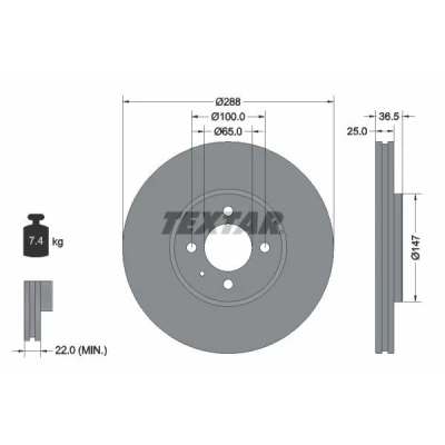 Bild av TEXTAR 92302303 Disque de frein 288 25 04/05 100 ventilé l&#039;extérieur revêtu sans boulon fix roue, moyeu roue