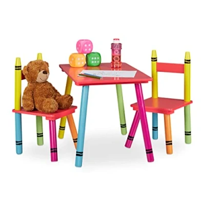 Bild av Relaxdays Barnstolsgrupp, barnbord med 2 stolar, flickor och pojkar, MDF trä, sitthörna för barnrum, färgglatt