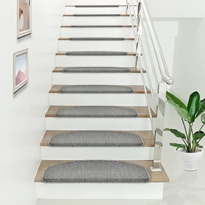 Bild av [en.casa] Stegmatta set om 15 halvcirkelformad 65 x 24 cm trappmatta trappskydd självhäftande ljusgrå
