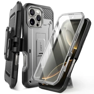 Bild av SUPCASE Fodral för iPhone 16 Pro 6.3‘’ 2024 med Skärmskydd, [integrerat Stativ och Bältesklämma] Robust Hållbart 360 graders Skyddande Hårt (Titangrå)