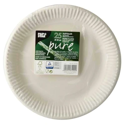 Bild av Papstar papperstallrik/engångstallrik vit, rund, (25 styck), tillverkad av 100% färskfiberkartong, diameter 23 cm, livsmedelssäker, komposterbar, för festor/födelsedagar/trädgårdsfester #81202