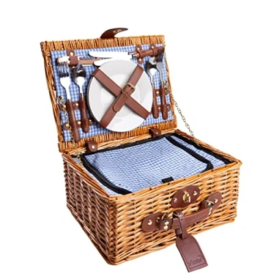 Bild av eGenuss Picknickkorg i vide för 2 personer med tillbehör &amp; isolerad KylväSka Picknickkorgset camping, perfekt gåva Blå