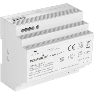 Bild av Poppstar 24 V transformator för DIN skena, skenemontage (Input 100 240 AC 50/60 Hz, Output DC 6,25 A max. 150W) 24V klocktransformator