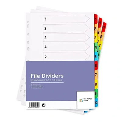 Bild av [3 pack] A4 fildelare 10 artikelnummer 1 ämnesavdelare delar numrerade med multistansade förstärkta färgflikar 150 gsm