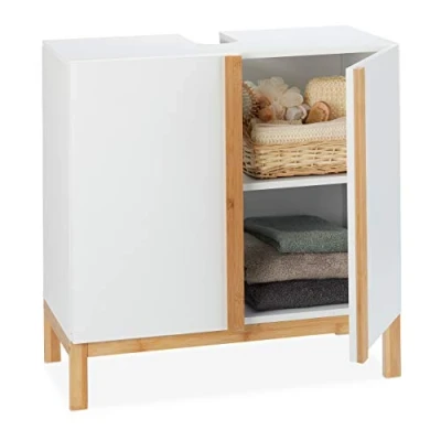 Bild av Relaxdays Golvskåp, 2 hyllor, badrumsskåp, MDF och bambu, vit brun, konstruerat trä, HWD 60,5 x 60 30,5 cm