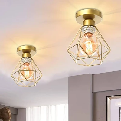 Bild av iDEGU Set med 2 industriell taklampa i metall, fyrkantig bur, ljuskrona lampskärm, E27 40 W, svart för vardagsrum, sovrum, bar (mini gyllene diamant)