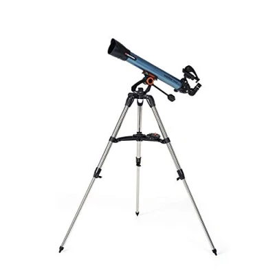 Bild av Celestron 22401 Inspire 70AZ refraktorteleskop med inbyggd smartphoneadapter innehåller två okularlinser, 90 upprätt bilddiagonal, höjdjusterbar tripod och tillbehörsfack, blå