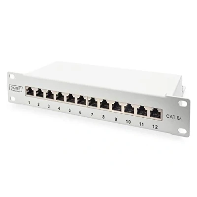 Bild av DIGITUS Cat 6A patchpanel 12 portar RJ45 uttag 10 tums rackmontering 1 rackenhet LSA fördelningsfält skärmad grå