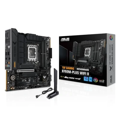 Bild av ASUS TUF Gaming B760M PLUS WiFi II moderkort Intel B760 LGA 1700 mATX (PCIe 5.0, M.2, DDR5, 6E, Q antenn, Realtek 2,5 GB Ethernet, DP, HDMI, SATA 6 Gbps, USB typ C, Thunderbolt 4, Aura Sync)