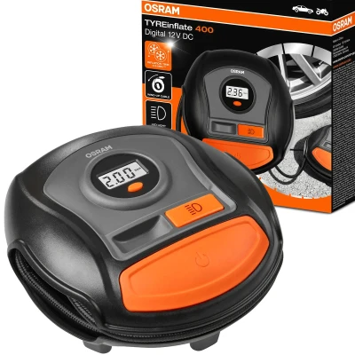 Bild av OSRAM TYREinflate 400, digital däckpump, upprullningskabel, strömanslutning via i bil 12V uttag, däckpumpning på 3,5 minuter