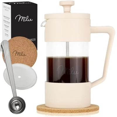 Bild av Milu FP glas BEIGE French Press kaffebryggare 350 ml, 600 1 l kaffepress, för hemmet resor camping inkl. underlägg, sked, ersättningsfilter (beige, ml (2 koppar)