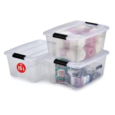 Bild av Iris Ohyama, PlastFörvaringsLådor med lock och stängningsklämmor, 15L, Set 3, Integrerade handtag, Stapelbar, BPA fri, Sovrum, Kontor, Vardagsrum, NTB 15, Klar
