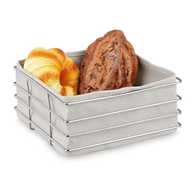 Bild av Relaxdays Brödkorg metall, med tyginsats, modern brödkorg, frukostkorg rostfritt stål, HBT: 10,5 x 23 cm, grå