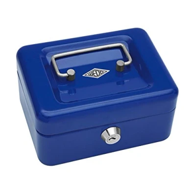 Bild av Wedo 145103X kassaskåp (tillverkad av pulverlackerat stål, infällbart handtag, 4 fack, säkerhetscylinderlås, 15,2 x 11,5 8,0 cm) blå