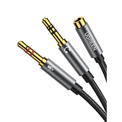 Bild av UGREEN 3.5mm Hona till Dubbel Hane Audio Splitter Kabel 3.5 mm Headset och Mikrofon Ljudkabel Nylon Aux med Aluminiumändar För PC Bärbara Hörlurar,etc, grå, 20 CM.