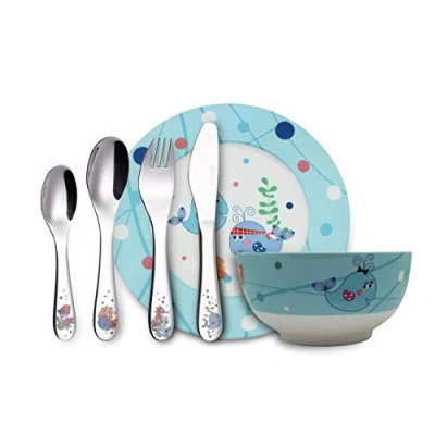 Bild av Exzact Barnmiddagsset/bestickpresentset 6 delar rostfritt stål/procelain keramikset 1x skål, tallrik, middagskniv, gaffel, tesked, bordssked (WF712 Sea Silver)