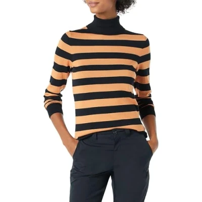 Bild av Amazon Essentials Women&#039;s Lätt långärmad tröja med polokrage klassisk passform (finns i plusstorlek), Svart Kamelbrun Rugbyrand, XL