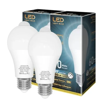 Bild av LUTW Glödlampa rörelsedetektor, LED lampa E27 PIR sensor, varmvit 3 000 K, 9 W, 900 lm, säkerhetsbelysning, lampor automatiskt på/av för hall, garage, set om 2