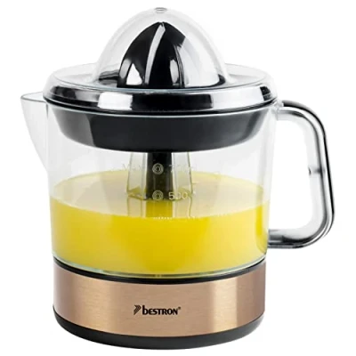 Bild av Bestron elektrisk citrus och apelsinpress, inkl. 2 presskoner aromlock, motor med två rotationsriktningar (vänster/höger), kapacitet: 0,7 liter, 40 watt, färg: Koppar