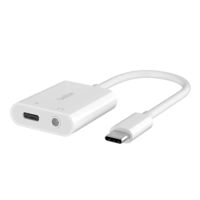 Bild av Belkin RockStar™ 3,5 mm ljud + USB C® laddningsadapter, hörlursadapter med C 60 W Power Delivery snabbladdning för iPhone 15, iPad Pro, Galaxy, Note, Google Pixel, LG, Sony Xperia, m.fl. Vit