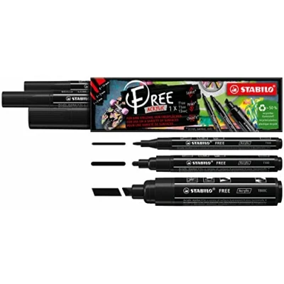 Bild av Akrylmärkpenna STABILO FREE akryl 3 pack 1 x T100, T300, T800C med olika spetsar svart