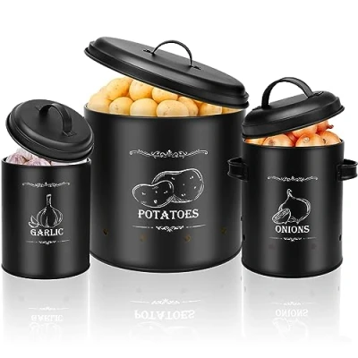 Bild av VorHOT Potatis förvaringslåda, 3 stycken potatislökar vitlöksförvaring, potatislåda med lock, förvaringsbehållare set för potatis, lök, vitlök