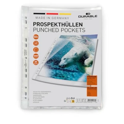 Bild av Durable 267719 hålad plastficka (A4 Premium 0.08 mm), 50 st, glasklar