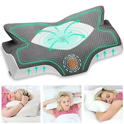 Bild av Elviros Cervical Contour Memory Foam Kudde för nacksmärta Ortopedisk nackkudde axelsmärta Ergonomiskt huvudstöd sido / rygg/abdominala, Med avtagbart kuddfodral (Mörkgrå)