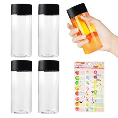 Bild av LSYYSL 4 pack juiceflaskor i plast med 1 fruktetikett, dryckesflaskor lock, dryckesbehållare, klara dryckesflaskor, bra för juice, mjölk, hemlagade drycker