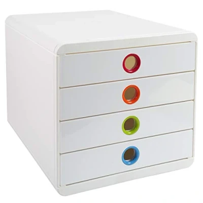 Bild av Exacompta Ref 314398D POP BOX 1 förvaringslåda med 4 stängda lådor för A4+ dokument Yttermått: Djup 34,70 x Bredd 27,80 Höjd 26,70cm Färg Vit/vit harlequin
