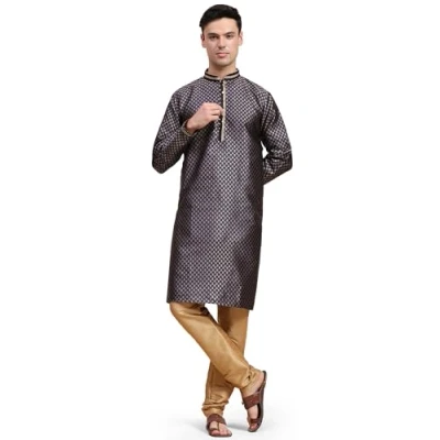 Bild av SKAVIJ Herrbroderad Kurta pyjamasset Jacquard silke etniska motiv 2 delat set, BLÅ, XL