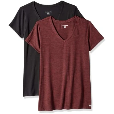 Bild av Amazon Essentials Dames Tech stretchig kortärmad V ringad T shirt (finns i plusstorlek), 2 Pack, Svart/Vinröd Rymdfärg, S